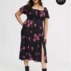 Torrid Black Midi Dress with Pink Floral Pattern